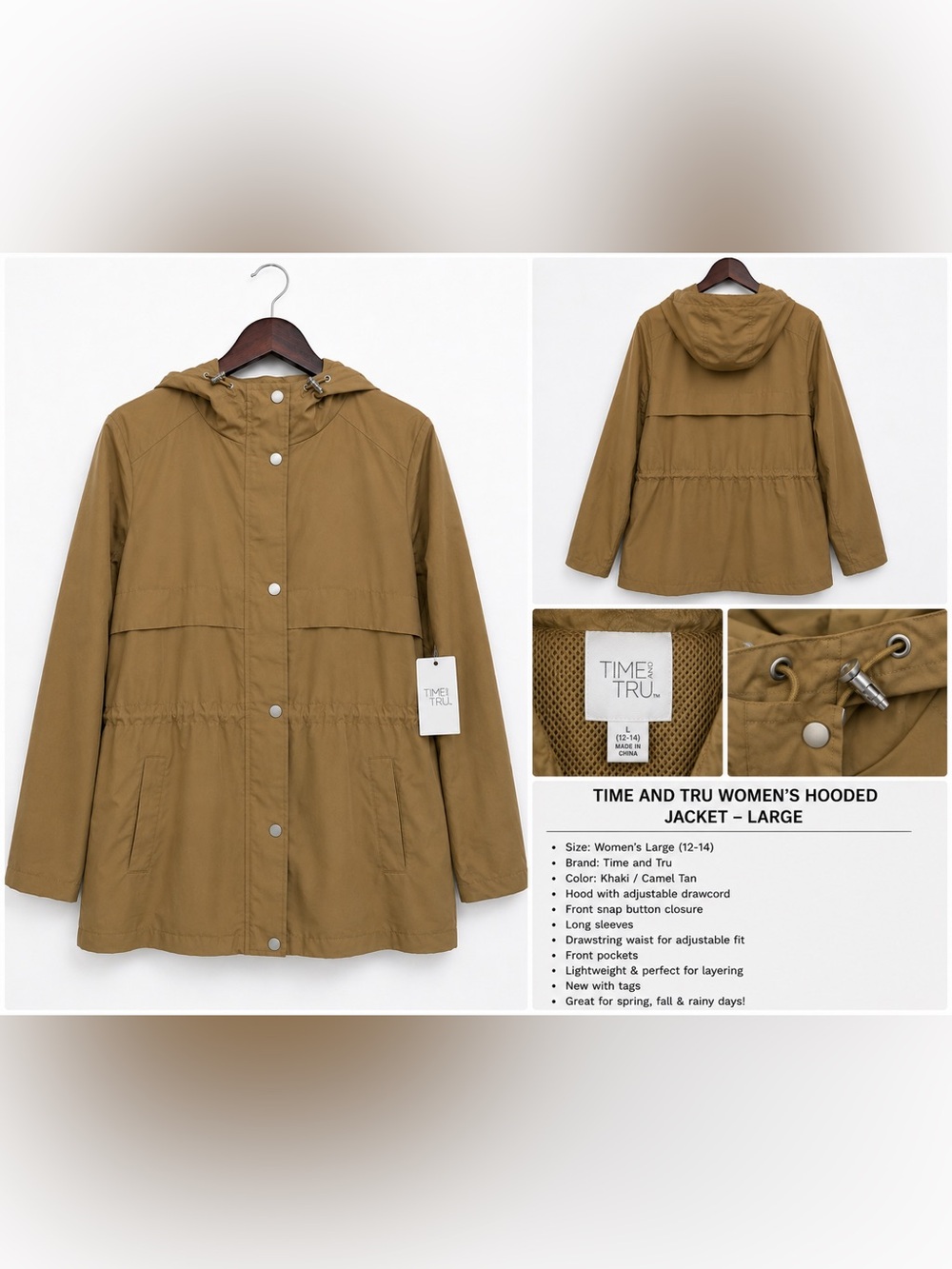 Time and Tru Women’s Lightweight Hooded Rain Jacket – Large – NWT